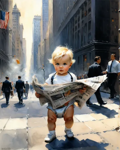 blonde woman reading a newspaper,blonde sits and reads the newspaper,child with a book,newspaper delivery,children of war,world digital painting,little girl reading,newspaper reading,newspapers,people reading newspaper,war correspondent,wall street,childlike,little girl in wind,photographing children,oil painting,pedestrian,chalk drawing,reading the newspaper,stroller,Conceptual Art,Oil color,Oil Color 03