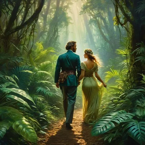 cg artwork,fantasy picture,tarzan,forest walk,garden of eden,a fairy tale,way of the roses,in the forest,forest path,sci fiction illustration,romance novel,the forest,forest of dreams,romantic scene,mystery book cover,towards the garden,background image,the path,young couple,the woods,Conceptual Art,Fantasy,Fantasy 05