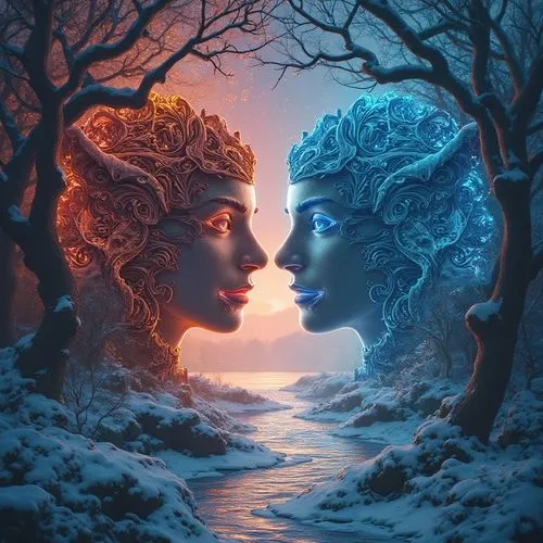 two women staring at each other with trees and water on their sides,mirror of souls,wlw,3d fantasy,parallel worlds,face to face,gemini,Photography,Artistic Photography,Artistic Photography 02