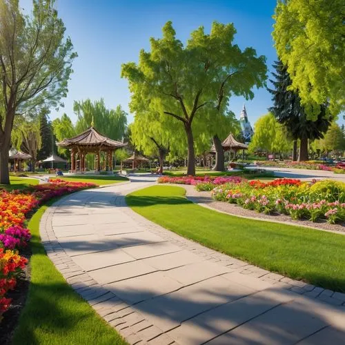 Vibrant community park, lush green grass, colorful blooming flowers, ornamental trees, meandering walking paths, benches with intricate carvings, tranquil pond with rippling water, fountain show, vibr