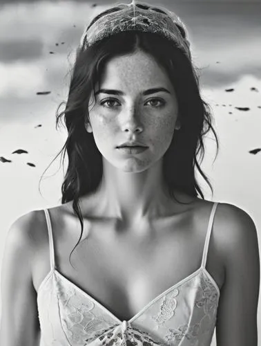 The same scene as a black and white photo. However, the freckles should be visible.,a beautiful woman in a dress posing for a po,beren,dempsie,eretria,elif,hatun,hande,Photography,Black and white phot