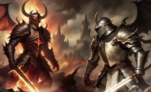 two knights with battle coats walk on a hill,garridos,surtur,morgoth,angmar,surtr,heroic fantasy