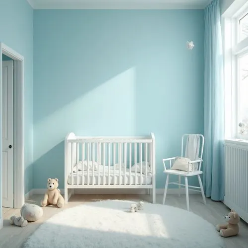 Baby blue walls, soft furnishings, gentle lighting, calm atmosphere, nursery setting, crib with white linens, baby toys scattered around, pastel blue curtains, fluffy carpet, warm and cozy ambiance, n