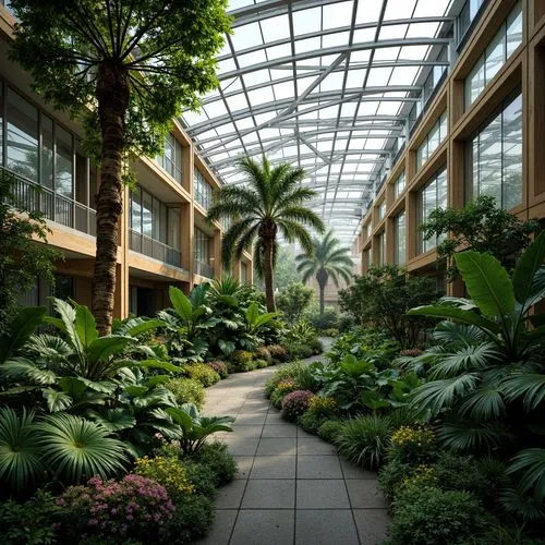 Vibrant botanical gardens, lush greenery, tropical plants, curved glass roofs, steel frames, wooden beams, modern minimalist design, clerestory windows, natural ventilation systems, automated irrigati