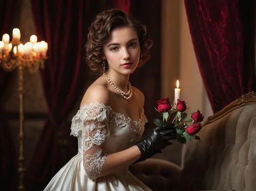 victorian lady,bridal clothing,debutante,victorian style,red carnation,the victorian era,vintage woman,romantic portrait,bridal,with roses,romantic look,white rose snow queen,wedding dresses,bridal jewelry,vintage dress,romantic rose,bridal dress,miss circassian,wedding dress,vintage women,Art,Classical Oil Painting,Classical Oil Painting 36