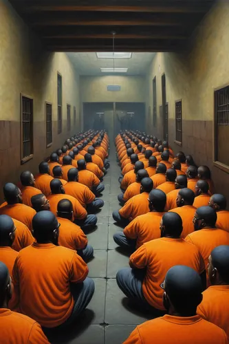 buddhists monks,monks,prison,buddhist hell,buddhists,orange robes,concentration camp,theravada buddhism,repetition,buddha unfokussiert,vipassana,captivity,prisoner,hall of supreme harmony,buddhist,buddhist monk,meditation,arbitrary confinement,panopticon,somtum,Illustration,Realistic Fantasy,Realistic Fantasy 18