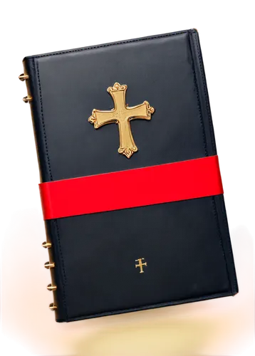 Leather-bound holy Bible, golden cross on cover, ornate metal clasps, old parchment pages, Latin text, red ribbon bookmark, brown wooden table, warm softbox lighting, shallow depth of field, 3/4 compo