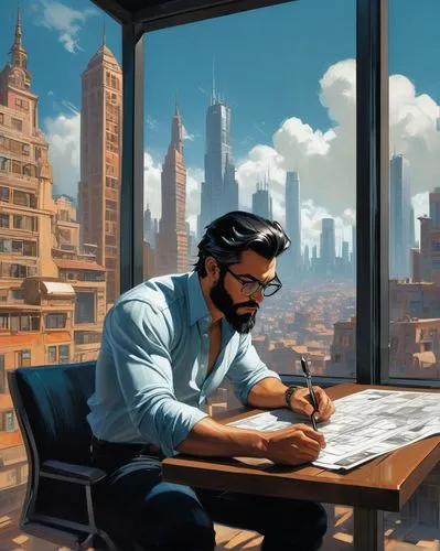 schuitema,schuiten,sci fiction illustration,world digital painting,blacksad,varsavsky,seamico,game illustration,modern office,study room,skyscraping,man with a computer,peregrini,azzarello,banker,businessman,study,italian painter,jasinski,genosha,Conceptual Art,Oil color,Oil Color 04