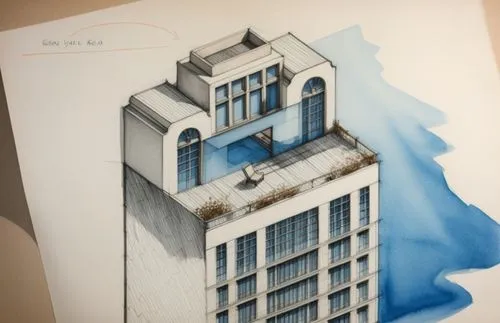 Architectural sketch. please make a pencil sketchy architectural drawing for this building roof. showing a pool. sketch some people. add notes.,NYC Hotel,facade painting,samaritaine,edificio,kirrarchi