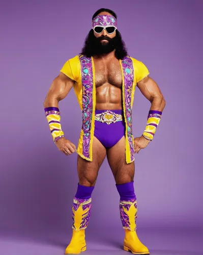 macho,santana,purple and gold,wrestler,professional wrestling,purple,gold and purple,stud yellow,wrestling,wall,purple background,king buzzard,purple rizantém,foley,defense,ffp2 mask,70's icon,thanos,strongman,no purple,Illustration,Japanese style,Japanese Style 16