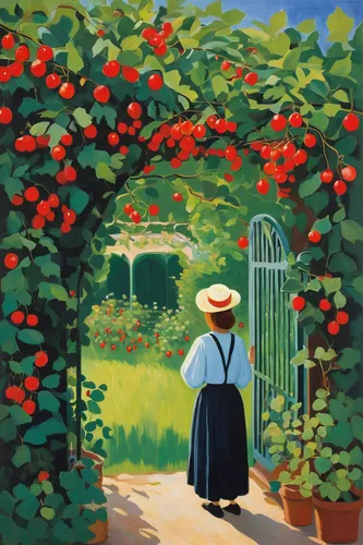 Create a short story where a character stumbles upon a secret garden full of red gooseberries.,girl picking apples,watermelon painting,fruit fields,red apples,tomatos,tomatoes,apple harvest,apple tree