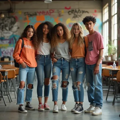 High school students, diverse cultural backgrounds, vibrant colorful clothing, ripped jeans, Converse shoes, bold hairstyles, eclectic makeup, casual posing, relaxed atmosphere, urban cityscape, graff