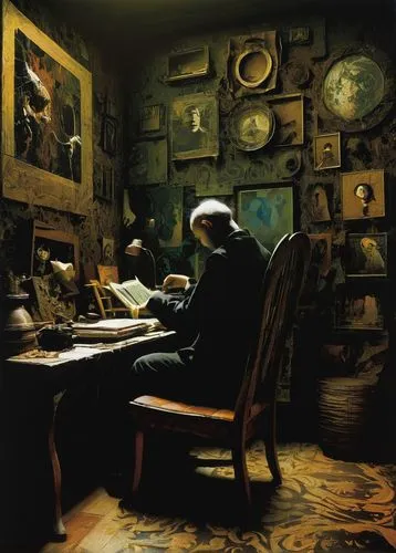 **Interior Design,a person sitting in a chair reading at a desk,man with a computer,humidor,watchmaker,yasumasa,the collector,playing room,restorers,study room,peregrini,antiquorum,rza,computer room,c