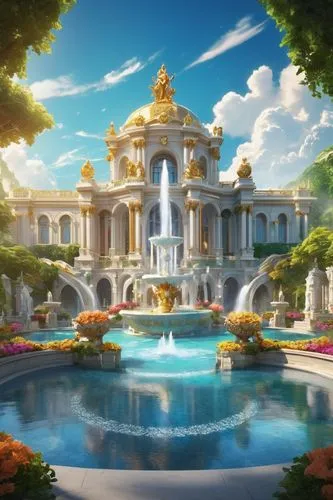 water palace,fountain of friendship of peoples,maplestory,artemis temple,kingdoms,white temple,paradisus,marble palace,fountain,alfheim,hall of supreme harmony,bird kingdom,landscape background,background design,istana,summer background,kingdom,arcadia,auriongold,fountain pond,Conceptual Art,Fantasy,Fantasy 02