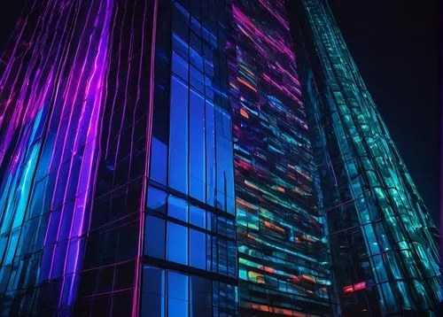 Modern, futuristic, sleek skyscraper, urban cityscape, neon lights, night scene, intelligent architecture, ranking board, LED screens, glass and steel structure, minimalist interior design, abstract a