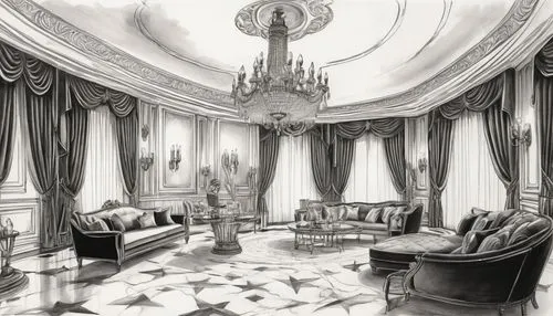 ornate room,parlor,sitting room,cochere,victorian room,clubroom,bridal suite,livingroom,ballrooms,salon,living room,ballroom,neoclassical,opulently,interiors,playroom,opulence,parlour,white house,breakfast room,Illustration,Black and White,Black and White 30