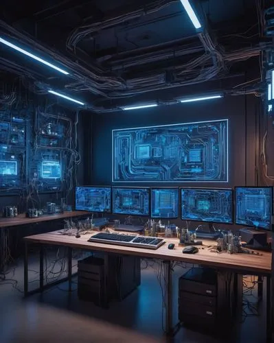 Futuristic AI lab interior, modern clip model architecture, sleek metal framework, glowing blue circuits, wires tangled intricately, CPU towers standing tall, motherboard sprawled across a massive woo