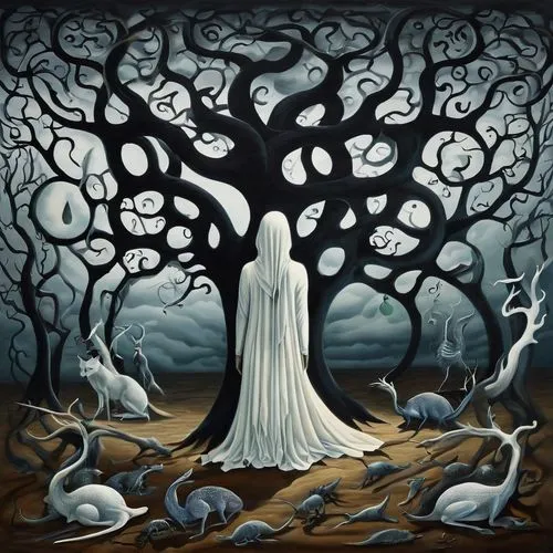 the roots of trees,halloween bare trees,the branches of the tree,celtic tree,danse macabre,dryad,tree of life,the branches,tree grove,tree and roots,druids,the enchantress,haunted forest,dance of death,ghost forest,the witch,rooted,girl with tree,goatflower,rabbits and hares,Illustration,Black and White,Black and White 07