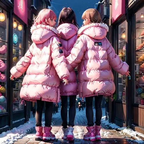 two girls in their big oversized puffy coats they put backwards a puffy coat on a girl in pink puffy coat,two girls standing in front of shops that have pink and blue jackets,parkas,harajuku,walkure,a