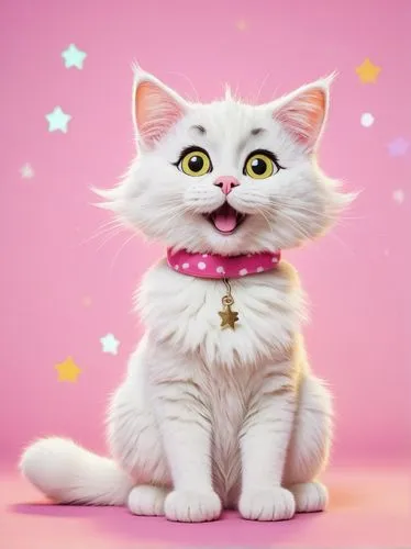 Goofy ahh cat, cartoon style, white fur, pink nose, whiskers, big eyes, cute expression, sitting pose, crossed legs, paws together, colorful background, polka dots, stars, soft focus, warm lighting, c