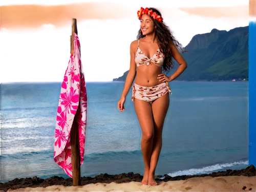 Hawaiian girl, flowy hair, flower crown, bright smile, bronzed skin, beachwear, bikini top, hibiscus patterned sarong, shell necklace, standing on one leg, looking out at sea, sunset background, warm 