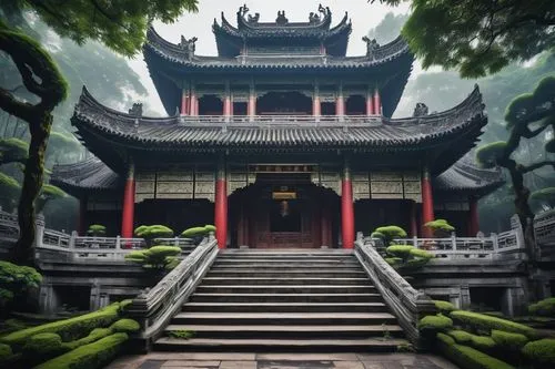 Futuristic, Ching Dynasty-inspired architecture, grandiose structure, intricately carved stone walls, golden accents, majestic entrance, symmetrical composition, sprawling complex, surrounded by lush 