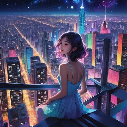 Sheet music playback、Colorful sheet music is played、Cute girl characters、 Night view from a high place、Drawing a large number of skyscrapers, Looking up at the starry sky. Surround her with colorful n