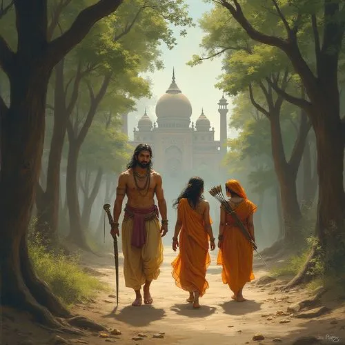 The Exile of Rama: Rama, Sita, and Lakshmana are depicted leaving the grand Hindu palace of Ayodhya, heading towards the dense forest. Rama, dressed in simple robes and holding a bow, leads the way wi