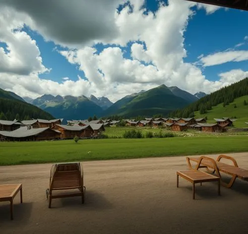 several lawn chairs are in front of a mountain scene,gstaad,livigno,engadin,anterselva,zillertal,kaprun,Photography,General,Realistic