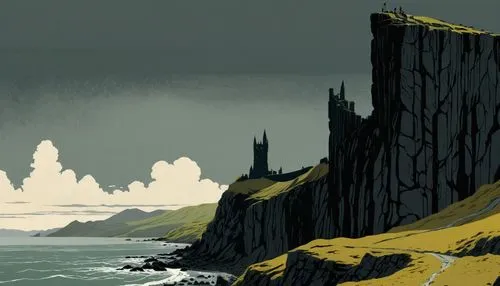 Onyx Tower, Lord of the Rings, 1978 animated edition, realistic, simplistic, in Dol Amroth, Isengard, smooth basalt, outer wall,sea stack,cliffs,the cliffs,orkney island,ruined castle,imperial shores,