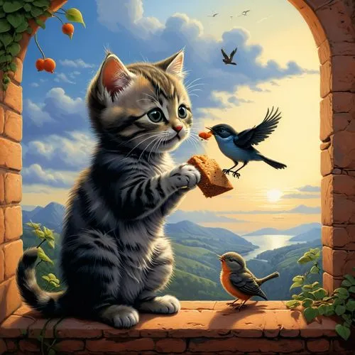 cat sparrow,bird painting,cat with eagle eyes,cat lovers,fantasy picture,cat cartoon,Illustration,Realistic Fantasy,Realistic Fantasy 26