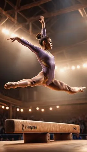 Gymnast performing on beam,artistic gymnastics,pommel horse,ball (rhythmic gymnastics),ribbon (rhythmic gymnastics),rope (rhythmic gymnastics),vault (gymnastics),hoop (rhythmic gymnastics),tumbling (g