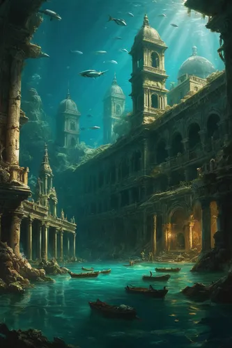 underwater landscape,underwater oasis,sunken church,underwater background,atlantis,ancient city,underwater playground,aquarium,underground lake,ocean underwater,venetian,imperial shores,underwater world,submerged,undersea,house of the sea,fantasy landscape,water castle,ocean floor,aquariums,Art,Classical Oil Painting,Classical Oil Painting 35