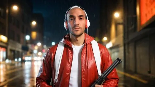 Male  adult wearing a red jacket and white headphones  holding a weapon, Busy  city environment, Grunge style, raining, realistic, dark, horror,,man holding gun and light,assassin,gangstar,sniper,kapp