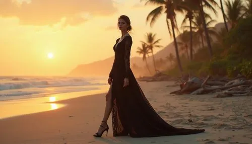 evening dress,a floor-length dress,eveningwear,girl on the dune,girl in a long dress,black dress with a slit,woman silhouette,girl in a long dress from the back,long dress,miss vietnam,sun bride,walk on the beach,ballroom dance silhouette,bridal gown,mermaid silhouette,demarchelier,silhouette against the sky,beach background,beautiful beach,sand rose,Photography,General,Realistic