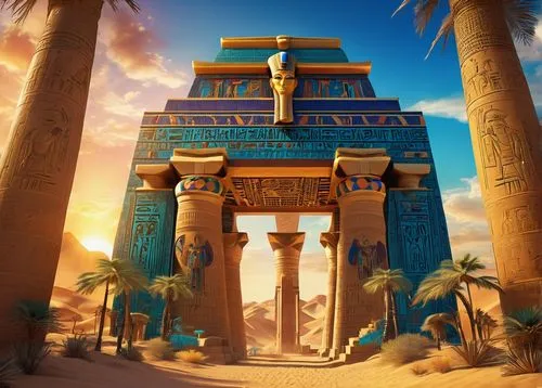 Ancient Egyptian temple, intricate hieroglyphics, golden ankh symbol, ornate stone pillars, vibrant turquoise and lapis lazuli colors, majestic pharaoh statues, elaborate headdresses, ceremonial proce