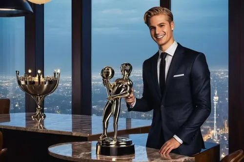 Modern architecture firm, award ceremony, luxurious interior, grand staircase, marble floor, elegant chandelier, CEO in suit, holding trophy, smiling face, confident posture, background with cityscape