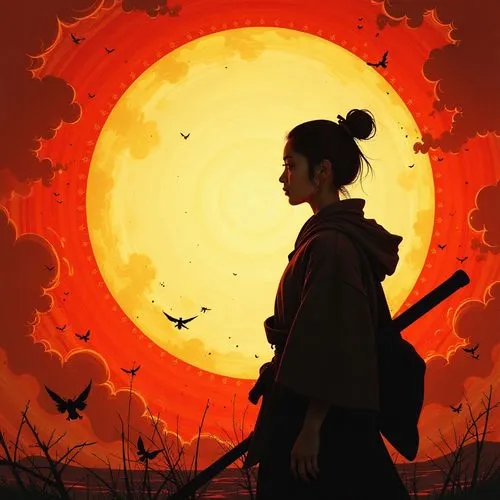  Silhouetted image of a person from the side, facing a large fire or light source.,a woman is holding a baseball bat in front of an orange background,kunitachi,mulan,amaterasu,mamozai,azula,dalixia