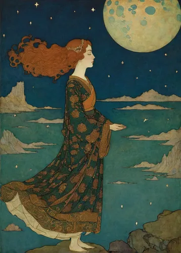 girl with a dolphin,rusalka,la violetta,art nouveau,rem in arabian nights,vincent van gough,art nouveau design,the sea maid,siren,el mar,fantasia,andromeda,kate greenaway,mucha,woman with ice-cream,the sleeping rose,woman playing,girl on the dune,young woman,girl on the boat,Illustration,Retro,Retro 17