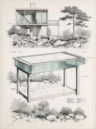 an architectural drawing depicting a garden and a house,rietveld,eichler,cantilevers,neutra,docomomo,cantilevered,Unique,Design,Blueprint