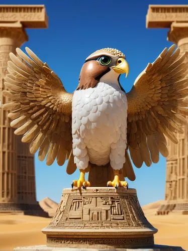 Majestic falcon, wings spread wide, sharp talons, brown feathers, piercing eyes, regal posture, perched on a stone pedestal, ancient Egyptian-inspired architecture, intricate hieroglyphics, golden acc