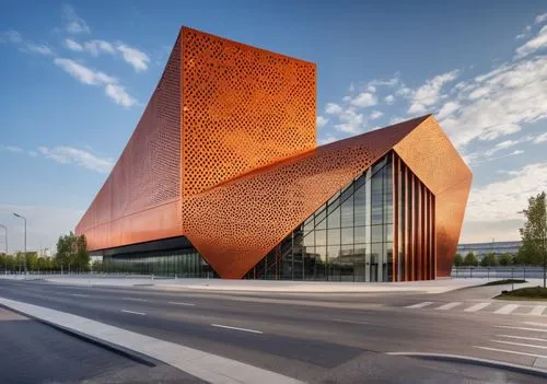 COPPER THEME, PERFORATED COPPER FACADE, 4K ULTRA REALISTIC,corten steel,metal cladding,autostadt wolfsburg,futuristic art museum,glass facade,qlizabeth olympic park,soumaya museum,kettunen center,new 