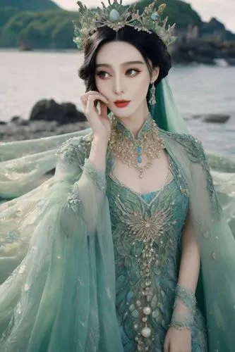 emerald sea,the sea maid,bjork,fairy queen,a princess,mermaid,oriental princess,kimjongilia,blue sea,princess sofia,hanbok,fairy peacock,the enchantress,teal blue asia,sea ocean,sea,green mermaid scale,the endless sea,mermaid background,god of the sea,Photography,Cinematic