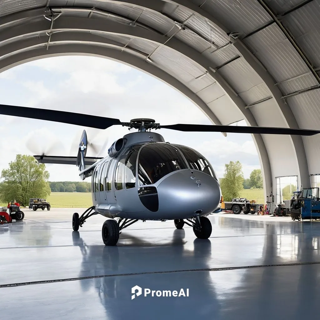 In front of a 3 m in diameter small VTOL circular helicopter craft, a circular air vehicle in dull silver, with a 1 m in diameter braced half Plexiglas dome on top of the craft in the center, where a 