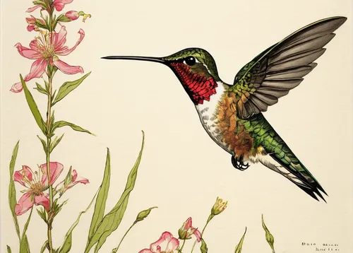 Illustrate the delicate beauty of a ruby throated hummingbird in a blossoming meadow.,ruby-throated hummingbird,allens hummingbird,annas hummingbird,calliope hummingbird,ruby throated hummingbird,rufo