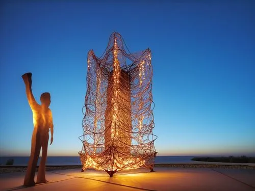 steel sculpture,wire sculpture,fishing net,wire light,light art,lantern string,Photography,General,Realistic