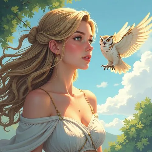 Teenage Girl, Athena, greek goddess, owl flying around her, following the owl with her view, flowy hair, natural tunes of colour,a woman in a white top holding a bird,eilonwy,dove of peace,anjo,galadr