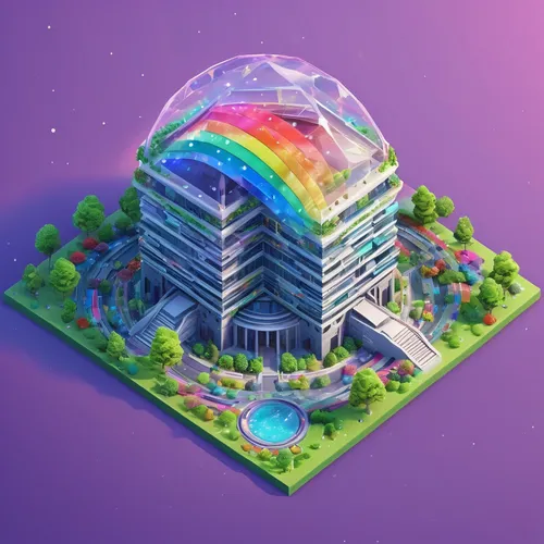 prism ball,quarantine bubble,diamond lagoon,rainbow world map,water cube,prism,fantasy city,isometric,terrarium,rainbow background,musical dome,glass building,glass pyramid,colorful spiral,development concept,futuristic architecture,sky apartment,3d fantasy,cube house,terraforming,Unique,3D,Isometric