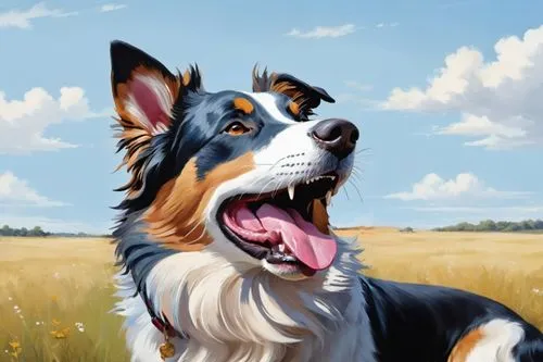 a brown and black dog standing in a field,australian shepherd,collie,dog illustration,welsh cardigan corgi,dog drawing,cheerful dog