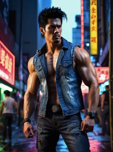 Tokemaster, muscular man, powerful build, intense gaze, spiky black hair, silver earrings, bold facial features, sleeveless shirt, torn jeans, heavy boots, confident stance, city streets, Tokyo neon l